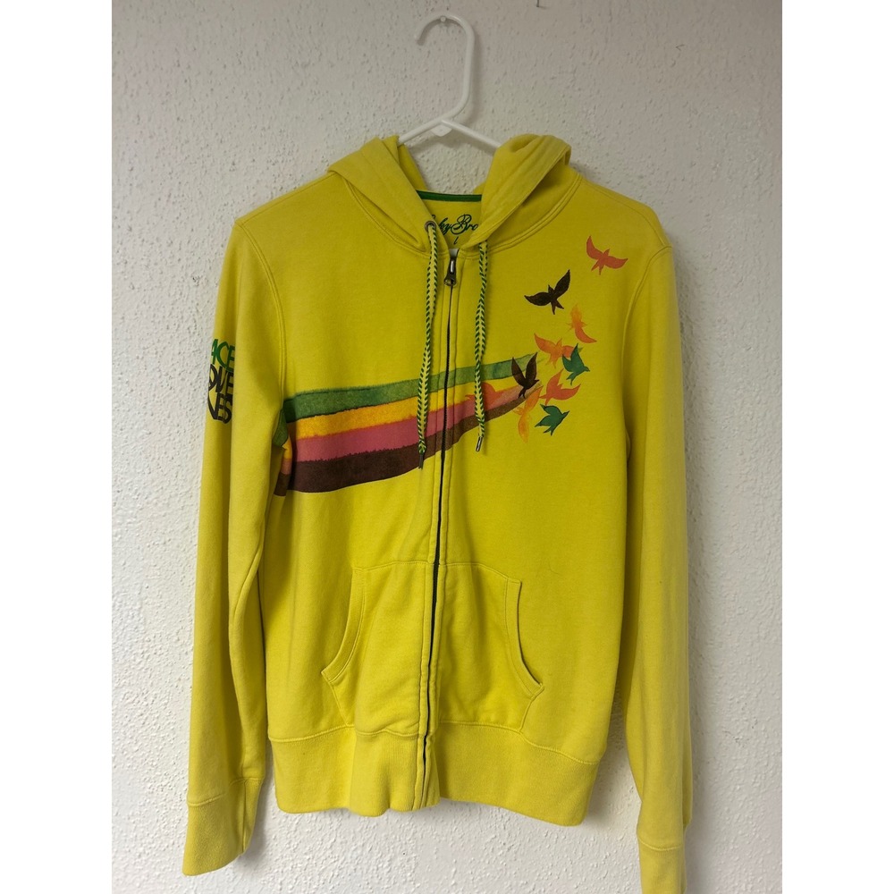 Lucky Brand Yellow Zip Up Hoodie Rainbow Bird Peace Love Luck Graphic Large
